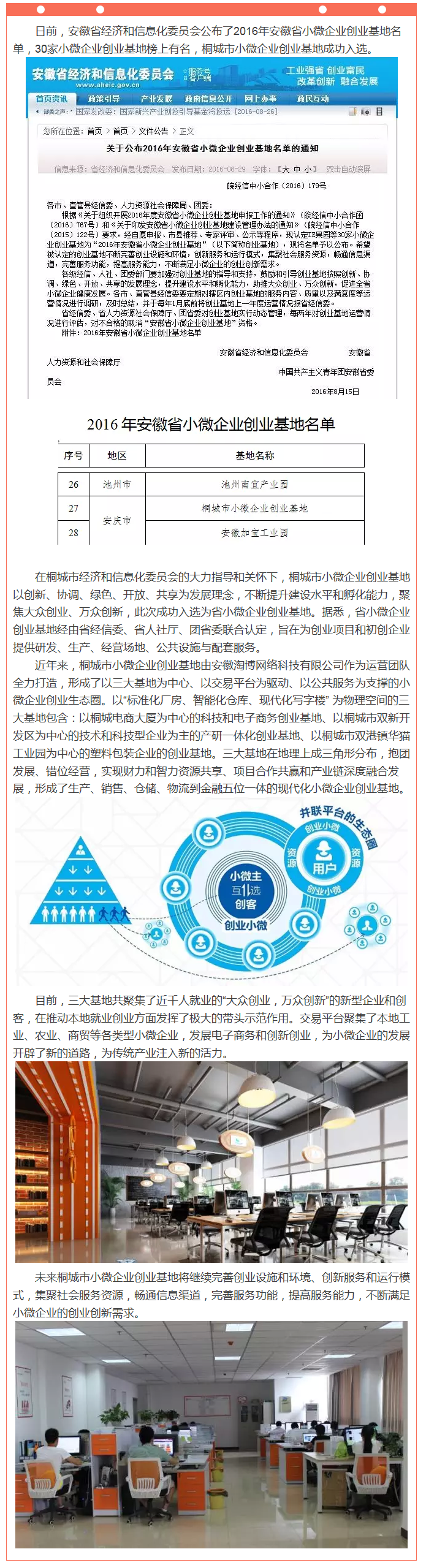 喜訊桐城市小微企業創業基地入選省小微企業創業基地